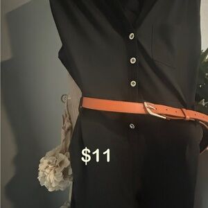 Black Button-Up Dress with Orange Belt